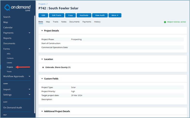 Screenshot of the On Demand Land Project Form with expandable sections for project details, location, custom fields, and additional project details. Sidebar navigation shows related land forms like Leases, Projects, and Payment Approvals