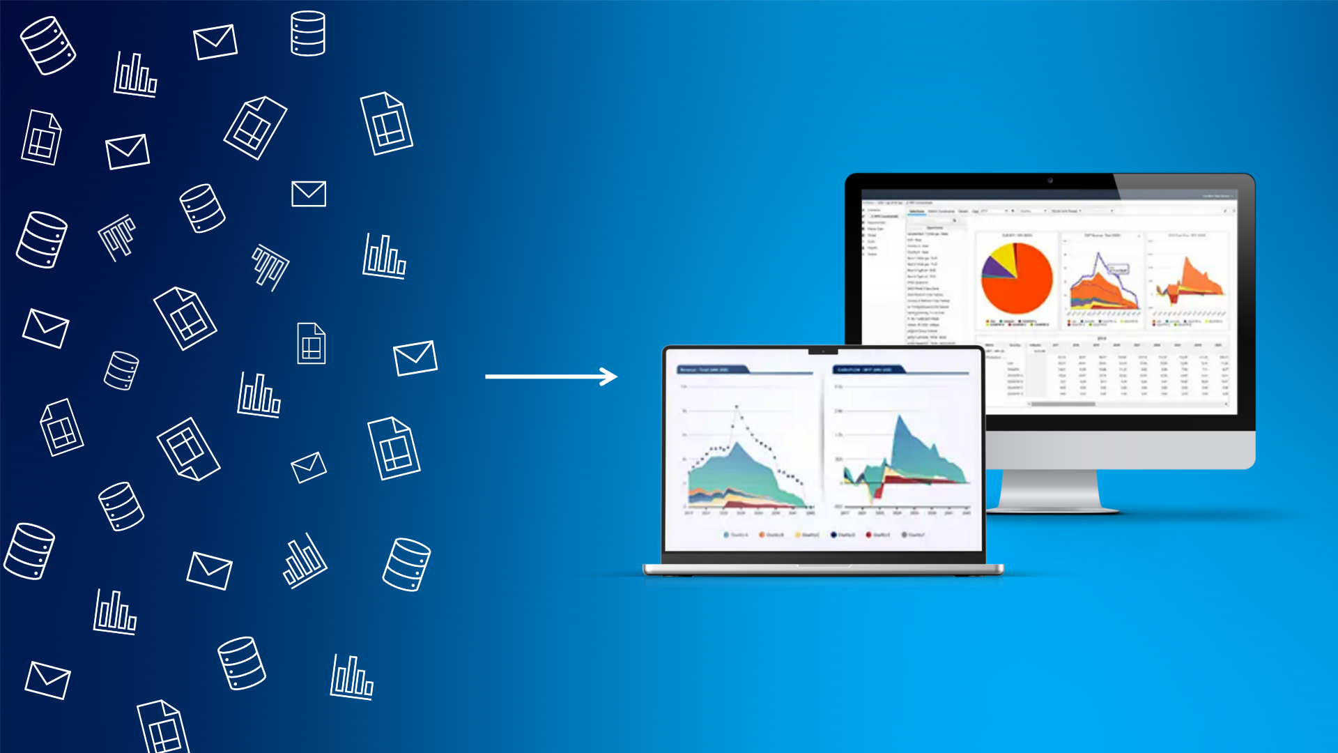 White icons representing emails, financial data, graphics and spreadsheets are scattered across the left portion of an image and a white arow pointing toward the right side of the image points to clean graphics in a dashboard on a laptop and desktop with a dark blue background.