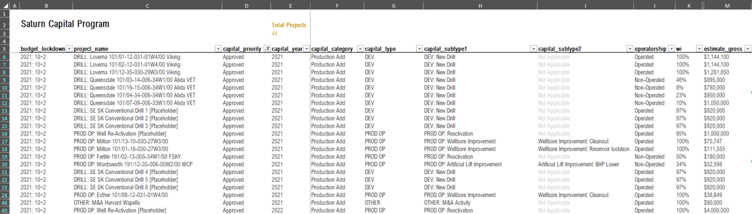 Excel spreadsheet listing Saturn Oil & Gas capital projects by year, priority, category, and estimated gross costs prior to using Execute.