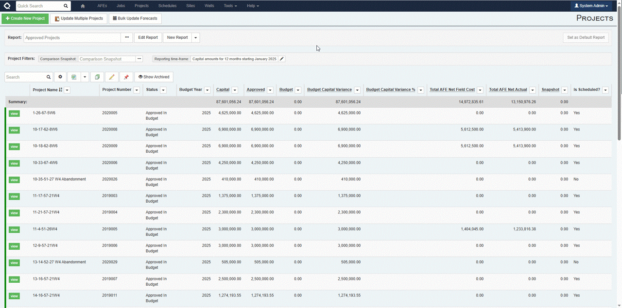 Animated graphic of Execute’s Capital Budgeting application displaying multiple approved projects with budget years, capital amounts, and variance fields used by Saturn Oil & Gas.