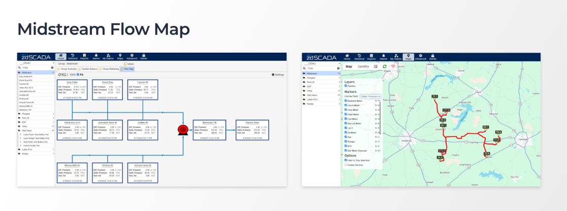 Screenshot of zdSCADA midstream flow maps displaying interconnected pipelines, facilities, and flow paths on a map-based interface.