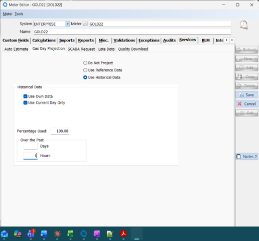 Screenshot of the FLOWCAL Meter Editor's Gas Day Projection tab, showing the "Use Current Day Only" checkbox selected under Historical Data settings.